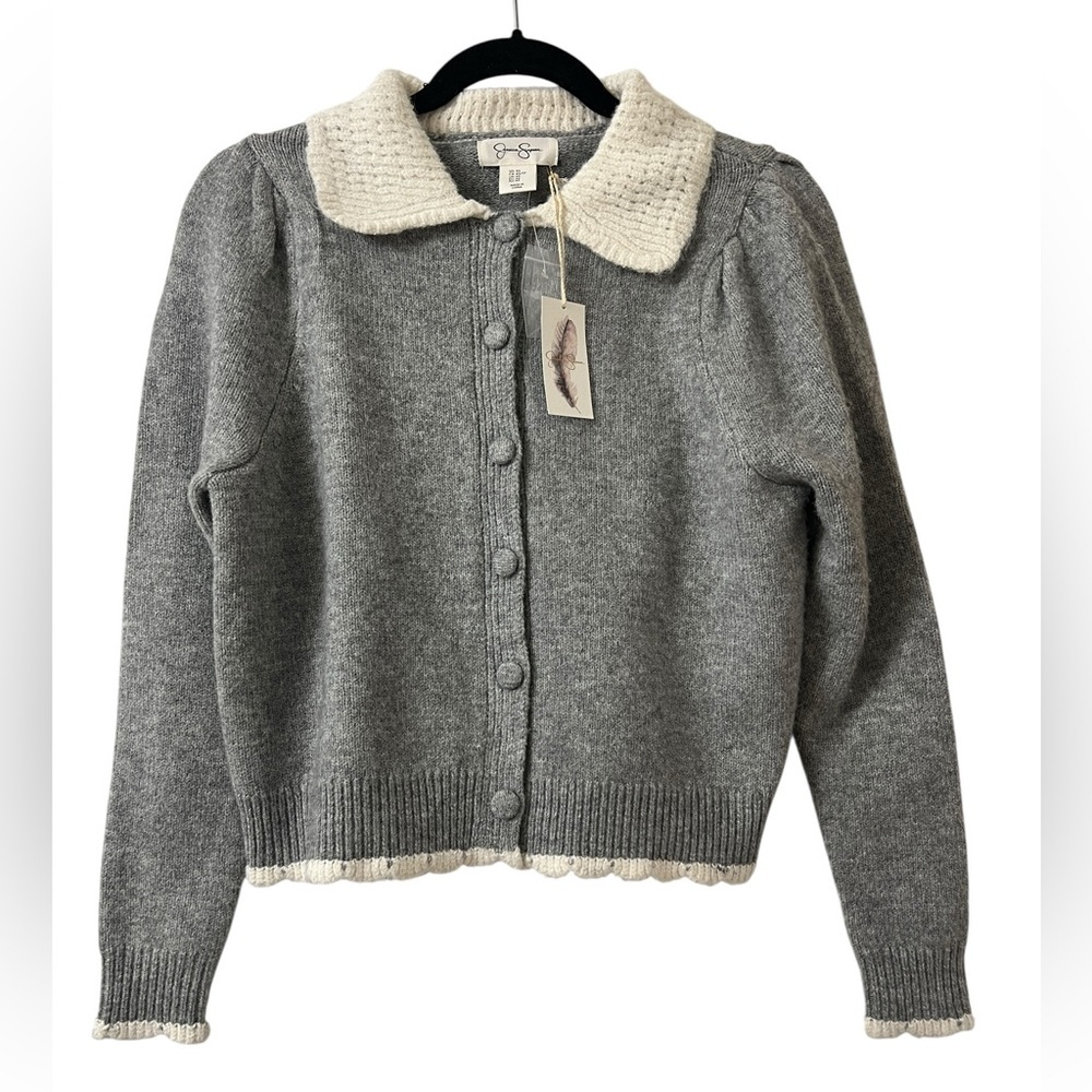 Jessica Simpson Gray & White Knit Cardigan Button Front Peter Pan Collar- Sz XS